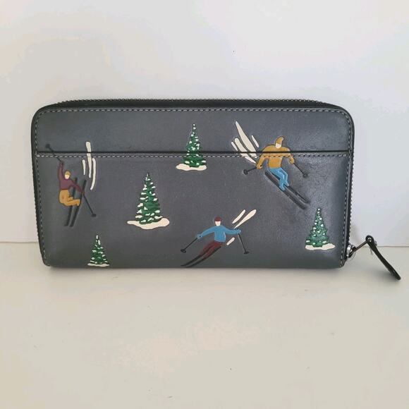 Coach Leather Wallet Ski Slopes Industrial Gray Zip Around Large Winter Limited - Picture 2 of 11